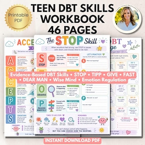 Könnte beinhalten: Ein 46-seitiges, druckbares PDF-Arbeitsbuch für Jugendliche mit DBT-Fertigkeiten. Die Seiten enthalten farbigen Text, Symbole und strukturierte Abschnitte zum Üben von Techniken wie STOP, TIPP, GIVE, FAST und DEAR MAN zur Emotionsregulation.