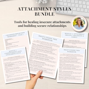 K&ouml;nnte beinhalten: Ein B&uuml;ndel von Arbeitsb&uuml;chern und Arbeitsbl&auml;ttern mit dem Titel "Attachment Styles Bundle" mit dem Text: "Werkzeuge zur Heilung unsicherer Bindungen und zum Aufbau sicherer Beziehungen." Die Arbeitsb&uuml;cher behandeln Bindungsstile, Kindheitsurspr&uuml;nge und Beziehungen.