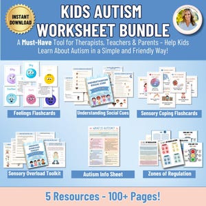 Op de afbeelding: Een bundel educatieve hulpmiddelen voor kinderen met autisme. De afbeelding toont flashcards, werkbladen en gidsen over onderwerpen als gevoelens, sociale signalen en sensorische regulatie. De bundel bevat meer dan 100 pagina's aan materiaal.