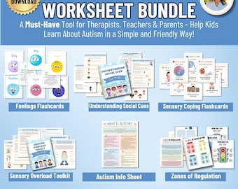 Paquete de hojas de trabajo sobre autismo infantil para terapeutas, trabajadores sociales, padres y orientadores escolares. Recursos sobre habilidades sociales, emociones y desarrollo sensorial (SEL).