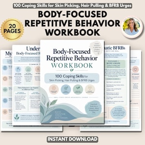 Puede incluir: Un libro de ejercicios de 20 páginas titulado Body-Focused Repetitive Behavior Workbook, que contiene 100 habilidades de afrontamiento para el picoteo de piel, tirones de pelo y urgencias BFRB. La portada tiene ondas abstractas y hojas.