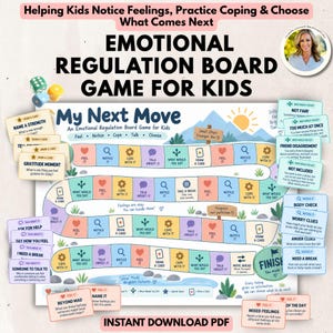 Può includere: Un gioco da tavolo di regolazione emotiva per bambini intitolato My Next Move, caratterizzato da un percorso colorato con spazi etichettati Feel, Notice, Cope, Talk e Choose. Include carte da gioco stampabili, una montagna e dadi.