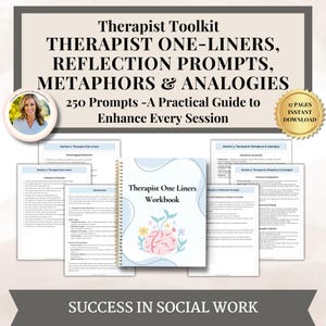 May include: A workbook titled "Therapist One Liners Workbook" with a brain and floral design, surrounded by open pages and a gold seal that says "17 Pages Instant Download". The image also includes the text "Therapist Toolkit" and "Success in Social Work".