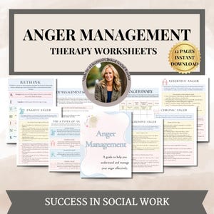 May include: A set of 12 printable worksheets for anger management therapy. The worksheets include sections on rethinking, passive anger, assertive anger, chronic anger, and aggressive anger. The worksheets are designed to help people understand and manage their anger effectively. The worksheets are made by a licensed clinical social worker.