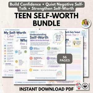 Puede incluir: Un libro de ejercicios en PDF de 56 páginas titulado Teen Self-Worth Bundle, que incluye hojas de trabajo con encabezados como Understanding Self-Worth, My Self-Worth Check-In y What How I, con acentos en colores pastel, iconos y texto.