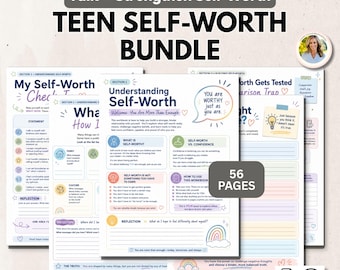 May include: A 56-page Teen Self-Worth Bundle PDF workbook featuring worksheets with headings like Understanding Self-Worth, My Self-Worth Check-In, and What How I, with pastel-colored accents, icons, and motivational text throughout the pages.