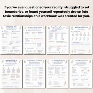 May include: A collection of eight printable worksheets with black text on white paper. Titles include Dating Again After Toxic Relationships, No Contact Planning Worksheet, People Pleasing Recovery, Self-Esteem Check-In, Attachment Styles & Toxic Relationships, Codependency Assessment, Love Bombing Explained, and Trauma Bond Worksheet.