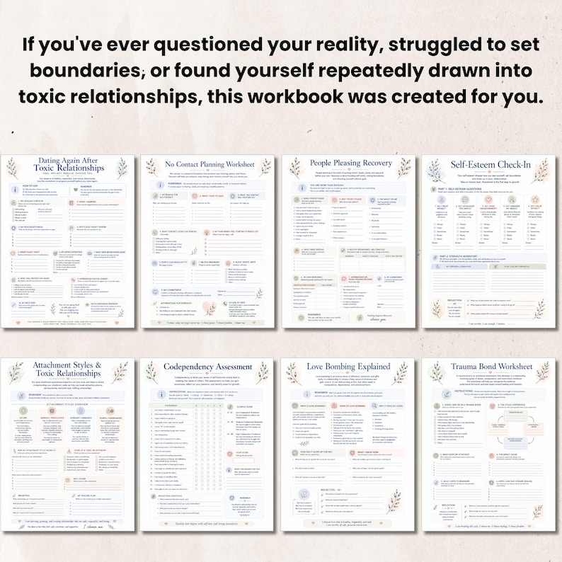May include: A collection of eight printable worksheets with black text on white paper. Titles include Dating Again After Toxic Relationships, No Contact Planning Worksheet, People Pleasing Recovery, Self-Esteem Check-In, Attachment Styles & Toxic Relationships, Codependency Assessment, Love Bombing Explained, and Trauma Bond Worksheet.