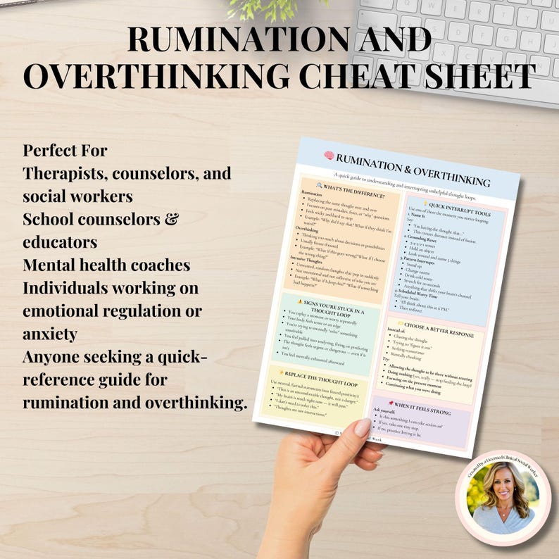 Rumination Cheat Sheet Intrusive Thoughts Overthinking Therapy Tool ...