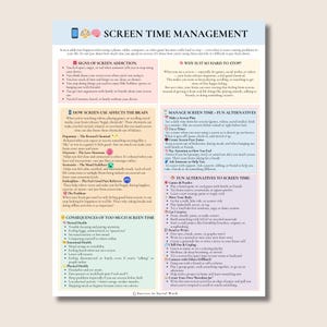 Op de afbeelding: Een kleurrijke infographic getiteld "SCREEN TIME MANAGEMENT" met secties over verslavingsverschijnselen, effecten op de hersenen en alternatieven. De poster bevat tekst en pictogrammen.