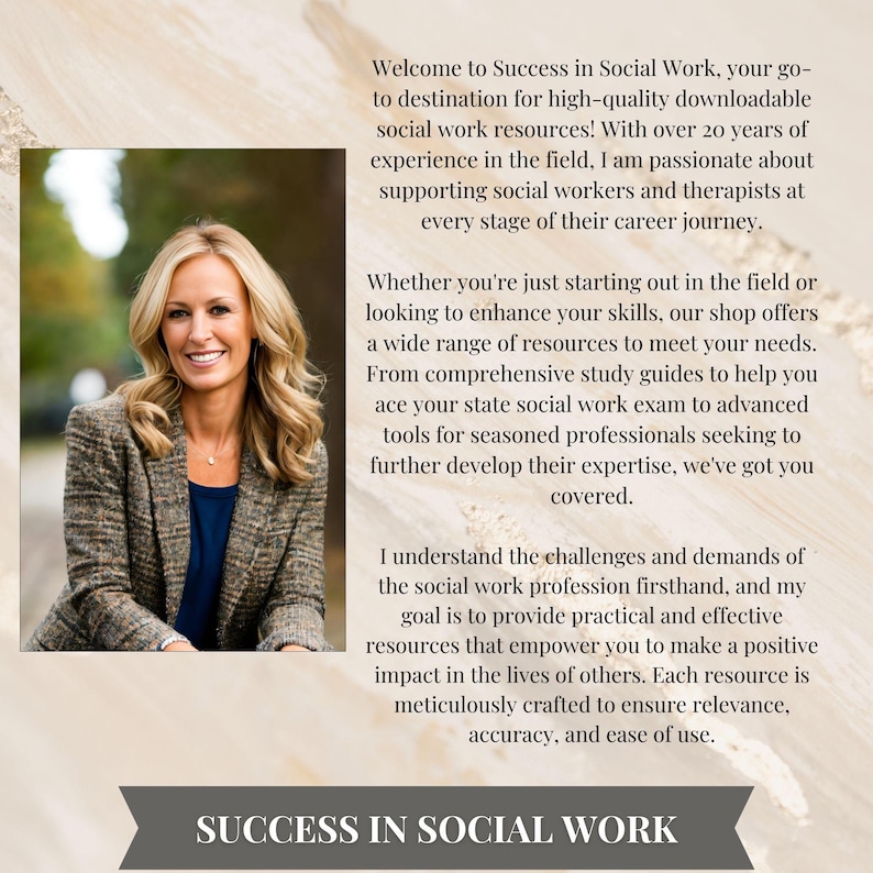 May include: A smiling woman with blonde hair is pictured in a headshot, wearing a blue top and a patterned blazer. The image includes text that reads "Success in Social Work", advertising resources for social workers.