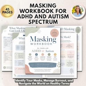 May include: A 45-page digital workbook titled Masking Workbook for Adults with ADHD & Autism. The cover features soft pastel shapes, icons for understanding, reducing burnout, and communicating needs, with text about neurodiversity and self-care.