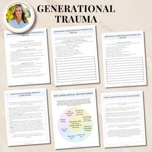 Puede incluir: Una hoja de trabajo imprimible con el t&iacute;tulo "Trauma Generacional" y un diagrama de rueda titulado "La Rueda del Trauma Generacional" con pasos para romper el ciclo del trauma generacional. La hoja de trabajo incluye secciones sobre la identificaci&oacute;n de patrones y traumas generacionales, la exploraci&oacute;n del trauma generacional personal, c&oacute;mo se comparte el trauma a trav&eacute;s de las generaciones y c&oacute;mo se ve el trauma generacional.