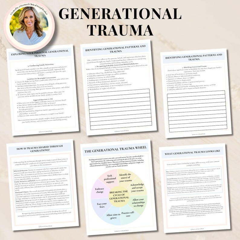 Puede incluir: Una hoja de trabajo imprimible con el t&iacute;tulo "Trauma Generacional" y un diagrama de rueda titulado "La Rueda del Trauma Generacional" con pasos para romper el ciclo del trauma generacional. La hoja de trabajo incluye secciones sobre la identificaci&oacute;n de patrones y traumas generacionales, la exploraci&oacute;n del trauma generacional personal, c&oacute;mo se comparte el trauma a trav&eacute;s de las generaciones y c&oacute;mo se ve el trauma generacional.