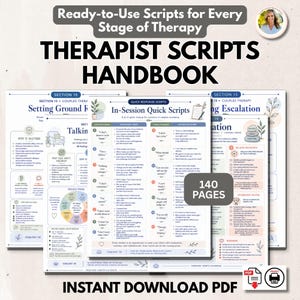 Op de afbeelding: Een digitaal handboek getiteld Therapist Scripts Handbook met 140 pagina's aan kant-en-klare scripts voor therapiesessies. De pagina's bevatten secties over relatietherapie, basisregels en snelle scripts voor tijdens de sessie met tekst.