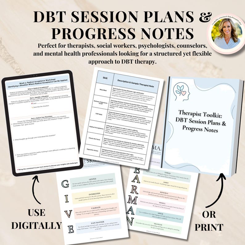 K&ouml;nnte beinhalten: Ein digitaler Download von DBT-Sitzungspl&auml;nen und Fortschrittsnotizen f&uuml;r Therapeuten, Sozialarbeiter, Psychologen, Berater und Fachkr&auml;fte im Bereich der psychischen Gesundheit. Das Dokument enth&auml;lt Arbeitsbl&auml;tter, Therapeutennotizen und Handouts zur Kompetenzschulung. Das Dokument kann digital verwendet oder ausgedruckt werden.