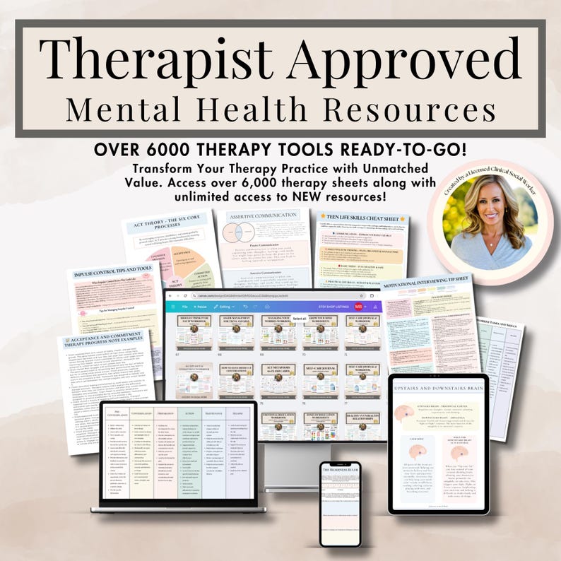May include: A digital display of mental health resources on a laptop, tablet, and smartphone. The image features the text "Therapist Approved Mental Health Resources" and "OVER 6000 THERAPY TOOLS READY-TO-GO!" with various therapy sheets.