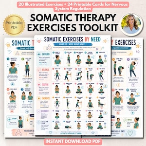 Op de afbeelding: Een digitale toolkit voor somatische therapieoefeningen met 20 geïllustreerde oefeningen en 24 printbare kaarten. Het document bevat de tekst Somatic Therapy Exercises Toolkit, Somatic Exercises By Need en What Do I Need Right Now.
