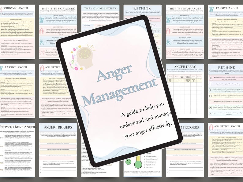 May include: A digital guide to anger management with a pink and blue color scheme. The guide includes sections on chronic anger, passive anger, assertive anger, the four types of anger, anger triggers, steps to beat anger, and a rethinking section. The guide also includes an anger diary and a section on the C's of anxiety.