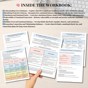 May include: A workbook with the title "INSIDE THE WORKBOOK" and several pages of text. The pages include exercises and maps related to intimacy, vulnerability, and emotional connection. The workbook's topics include understanding fear of intimacy and building trust.