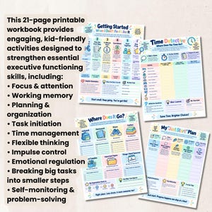 Op de afbeelding: Een printbaar werkboek van 21 pagina's met kleurrijke activiteitenbladen getiteld Getting Started, Time Detective, Where Does It Go en My Just Start Plan. De pagina's bevatten checklists, schema's en prompts voor het bijhouden van taken en tijd.