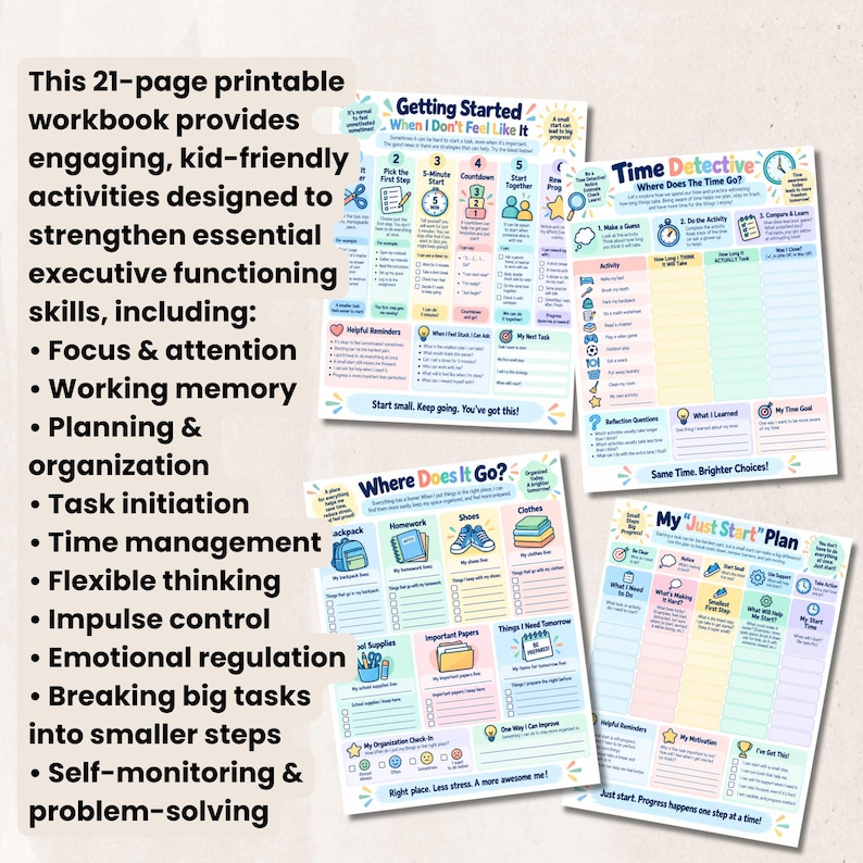 Op de afbeelding: Een printbaar werkboek van 21 pagina's met kleurrijke activiteitenbladen getiteld Getting Started, Time Detective, Where Does It Go en My Just Start Plan. De pagina's bevatten checklists, schema's en prompts voor het bijhouden van taken en tijd.