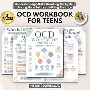 May include: An OCD workbook for teens featuring 31 pages of printable therapy worksheets. The cover displays the title, a circular diagram of the OCD cycle, and the text: Understanding OCD, Breaking the Cycle, Facing Uncertainty, Building Courage.