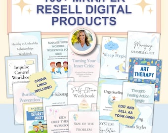 MRR/PLR Resell Therapy Worksheets Canva Templates, 100+ Mental Health Resources Canva Editable Workbooks Cheat Sheets. Digital Products