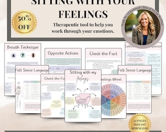 May include: A printable resource for social work professionals. The resource includes 10 pages of worksheets and activities to help people work through their emotions. The title of the resource is "Sitting with Your Feelings".