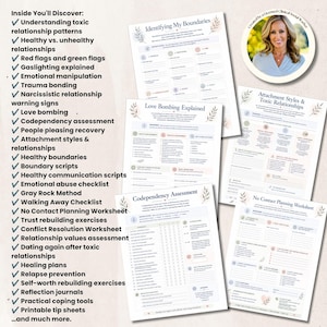 May include: A collection of printable mental health worksheets titled Identifying My Boundaries, Love Bombing Explained, Attachment Styles & Toxic Relationships, Codependency Assessment, and No Contact Planning Worksheet, featuring a circular portrait.
