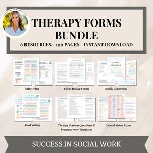 May include: A bundle of six therapy forms for social workers, including a safety plan, client intake forms, family genogram, goal setting, therapy session questions and progress note templates, and a mental status exam. The forms are printed on white paper with pink and blue accents. The title of the bundle is "Therapy Forms Bundle" and the subtitle is "6 Resources - 100 Pages - Instant Download".