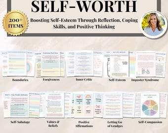 Puede incluir: Una colección de hojas de trabajo y guías imprimibles centradas en la superación personal y el bienestar mental. La imagen presenta el título "SELF-WORTH" y temas como "Boundaries", "Forgiveness" y "Self-Esteem". La imagen también incluye el texto "200+ ITEMS" y "SUCCESS IN SOCIAL WORK."