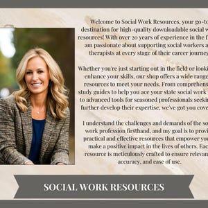 May include: A woman with long brown hair smiles at the camera. She is wearing a brown blazer and a blue shirt. The text "Welcome to Social Work Resources, your go-to destination for high-quality downloadable social work resources!" is displayed on the image.