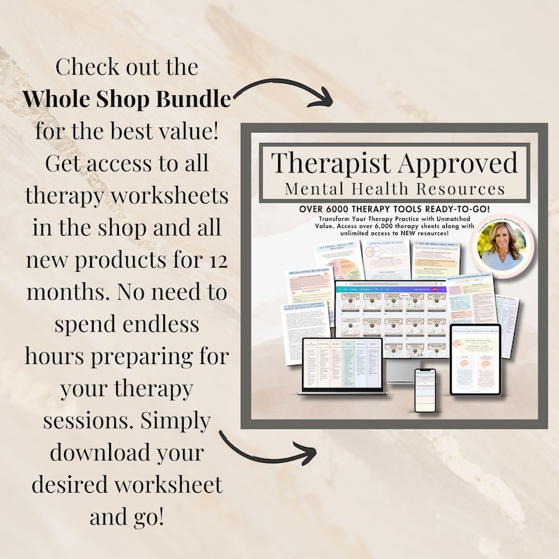 May include: A digital graphic promoting mental health resources. The image features a framed display of therapy worksheets, a computer, tablet, and phone. Text includes "Therapist Approved Mental Health Resources" and "Over 6000 Therapy Tools Ready-To-Go!"