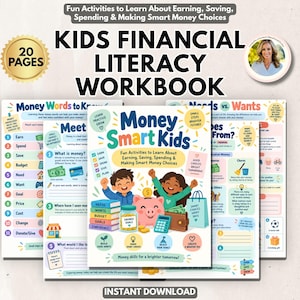 May include: A 20-page kids financial literacy workbook featuring colorful illustrations of children, a pink piggy bank, and money-related icons. The cover displays the title Money Smart Kids and text about earning, saving, spending, and making smart money choices.