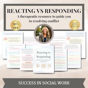 Può includere: Una risorsa stampabile intitolata "Reacting vs Responding" con uno schema di colori rosa e bianco. La risorsa è una guida terapeutica per aiutare a risolvere i conflitti. La risorsa è scontata del 50% e include 8 pagine per il download immediato.