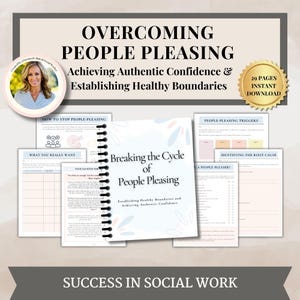 Può includere: Un quaderno di lavoro digitale intitolato "Overcoming People Pleasing: Achieving Authentic Confidence & Establishing Healthy Boundaries" con un design floreale rosa e blu. Il quaderno di lavoro include fogli di lavoro ed esercizi per aiutare le persone a smettere di compiacere gli altri e stabilire confini sani.
