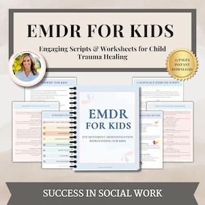 Może przedstawiać: Cyfrowy plik do pobrania, zawierający drukowany zeszyt ćwiczeń dla dzieci zatytułowany "EMDR dla dzieci: Przetwarzanie odczulania za pomocą ruchu gałek ocznych dla dzieci". Zeszyt ćwiczeń zawiera arkusze ćwiczeń i scenariusze do leczenia traumy. Okładka ma niebieski i różowy projekt z tytułem w białym kolorze.