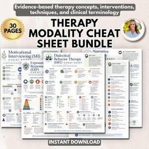Könnte beinhalten: Ein 30-seitiges Bündel von Therapie-Spickzetteln mit klinischer Terminologie und evidenzbasierten Interventionen. Die Dokumente enthalten Anleitungen für Dialektisch-Behaviorale Therapie, Motivierende Gesprächsführung und narrative Therapie mit Symbolen.