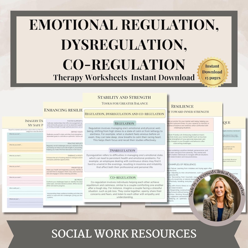 May include: A set of printable worksheets for social work professionals. The worksheets are titled "Emotional Regulation, Dysregulation, Co-Regulation" and "Stability and Strength: Tools for Greater Balance". The worksheets are designed to help clients develop coping skills and strategies for managing their emotions.