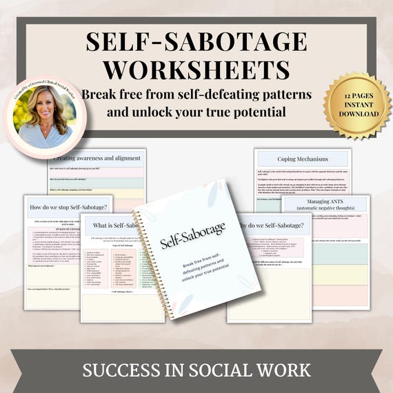 Self Sabotage Workbook,Self-love Journal Therapy,Emotional Regulation, automatic negative thoughts,Inner Critic,Therapy Worksheets,self help