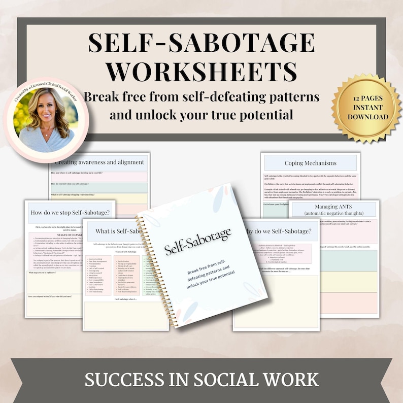Self Sabotage Workbook,Self-love Journal Therapy,Emotional Regulation, automatic negative thoughts,Inner Critic,Therapy Worksheets,self help image 1