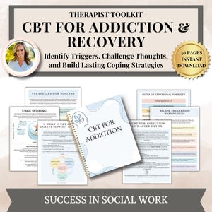 Peut inclure: Un kit d'outils numérique de TCC pour la dépendance et le rétablissement. La couverture du cahier à spirales indique "TCC pour la dépendance". Le kit comprend des stratégies de réussite, la gestion des envies et l'identification des déclencheurs.