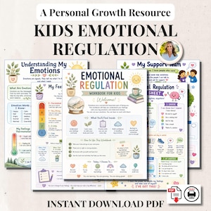 May include: A digital workbook for kids titled Emotional Regulation, featuring colourful illustrations of plants, a sun, and a brain. The pages include sections like Understanding My Emotions, My Feelings, and My Support Team, with text prompts, checklists, and a feelings thermometer to help children identify and manage their emotions.