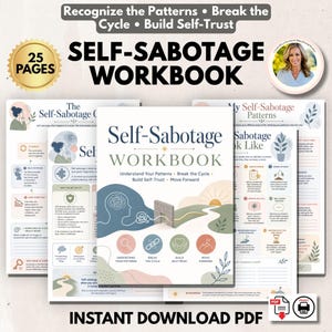 Puede incluir: Un libro de ejercicios de 25 páginas sobre el autosabotaje en formato PDF. La portada incluye el texto "Self-Sabotage Workbook" con ilustraciones de una persona, un muro y un amanecer. Incluye secciones sobre patrones y confianza.