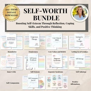 Self-Worth Worksheet Bundle Self-Esteem Cards for Teens, Self-Esteem & Confidence Skills, Inner Critic Self-Sabotage, CBT Therapy Resources