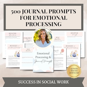 Könnte beinhalten: Eine Collage von Seiten aus einem 500 Journal-Prompts für emotionale Verarbeitung Arbeitsbuch. Die Seiten sind rosa und blau mit Illustrationen und Text. Der Titel des Arbeitsbuchs lautet "500 Journal-Prompts für emotionale Verarbeitung". Das Arbeitsbuch wurde von einem lizenzierten klinischen Sozialarbeiter erstellt. Das Arbeitsbuch steht zum sofortigen Download bereit.