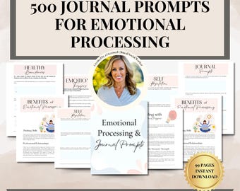 May include: A collage of pages from a 500 journal prompts for emotional processing workbook. The pages are pink and blue with illustrations and text. The title of the workbook is "500 Journal Prompts for Emotional Processing". The workbook is created by a licensed clinical social worker. The workbook is available for instant download.
