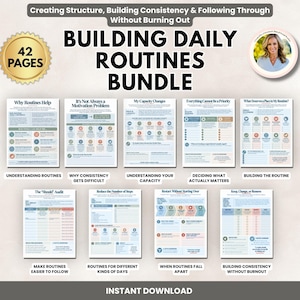 Puede incluir: Un paquete digital de 42 páginas titulado Building Daily Routines Bundle, que incluye nueve hojas de trabajo imprimibles con encabezados como Why Routines Help, My Capacity Changes y The Should Audit, diseñadas para organizar tareas diarias.