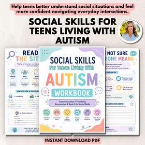 Könnte beinhalten: Ein digitales Arbeitsbuch mit dem Titel Social Skills For Teens Living With Autism, das pastellfarbene Seiten mit Text, Symbolen und ausfüllbaren Abschnitten zu Kommunikation, Freundschaft und sozialen Grenzen enthält.